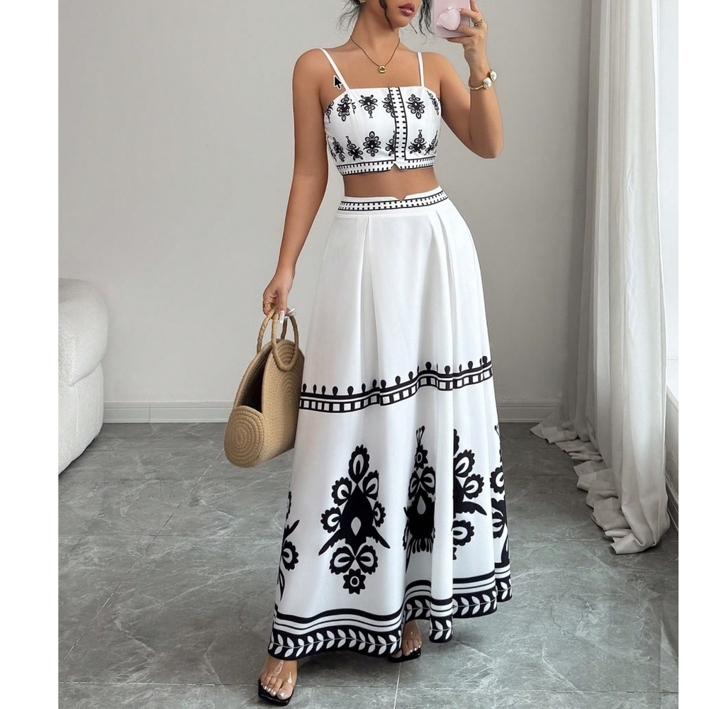 Boho Allover Print Smocked Cropped Cami top Maxi Skirt Set - Picture 4 of 4